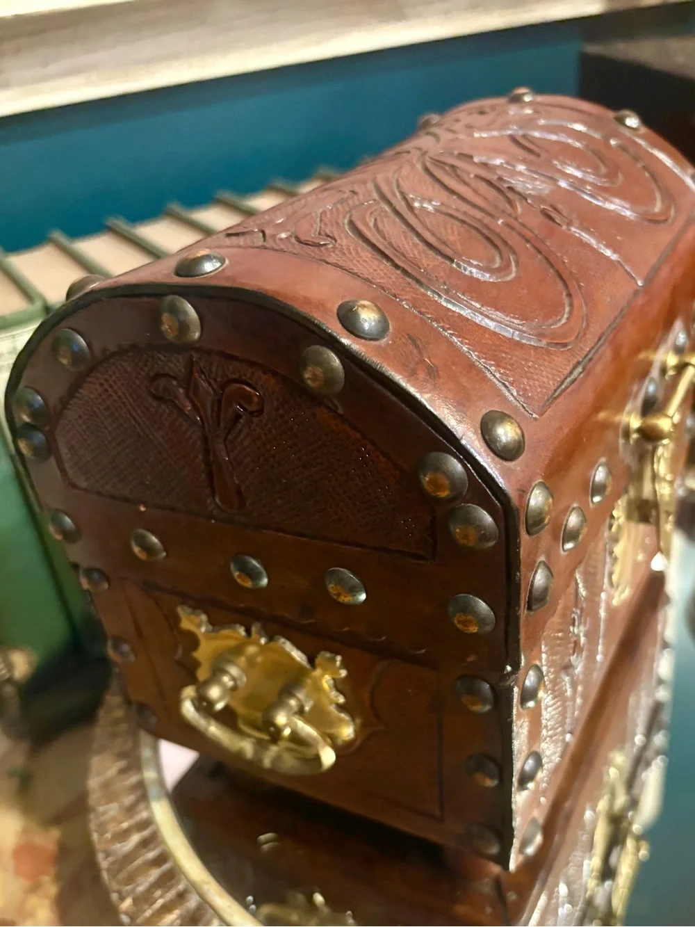 Vintage Brown Leather Jewelry Trunk with Brass Hardware